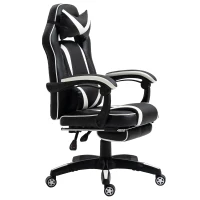 Vinsetto Gaming-Stuhl Bürostuhl Drehstuhl Chefsessel mit Fußstütze Rückenlehne Kissen verstellbar Kunstleder Weiß+Schwarz 65x64x114-123,5 cm(m-10)