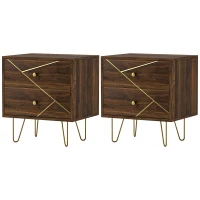 HOMCOM Bedside Tables Set of 2, Modern Side Table Set with 2 Drawers and Steel Hairpin Legs, Nightstand for Bedroom, Brown Wood Grain(m-11)