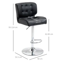 HOMCOM Set 2 Sgabelli da Bar Girevoli e Imbottiti in Pelle PU Nera con Schienale e Poggiapiedi, Altezza Regolabile, per Cucina o Pub, 50x55.5x93-114cm(m-3)
