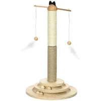 PawHut Árbol Rascador para Gatos de Madera con Poste de Yute y Sisal y Juego de Bolas para Jugar Ø32x56 cm Natural(m-11)