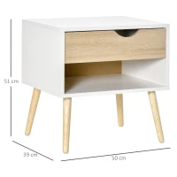 HOMCOM Beistelltisch Nachttisch Flurkommode mit 1 Schubladen MDF Spanplatte Weiß+Eiche 50 x 39 x 51 cm(m-3)