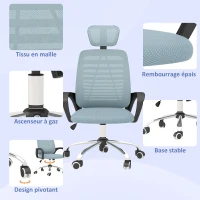 Vinsetto Fauteuil chaise de bureau avec appui-tête réglable soutien lombaire accoudoir roulettes 63 x 66 x 122 cm bleu(m-7)