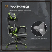 Vinsetto Silla Gaming Ergonómica Silla de Escritorio para Oficina con Altura Ajustable Respaldo Regulable de 170° Almohada Lumbar y Reposapiés Retráctil 65x70x117-125 cm Verde(m-7)