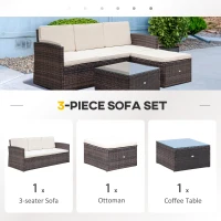 Outsunny 3 Pieces Outdoor PE Rattan Corner Sofa Set with Thick Cushions, Patio Rattan Garden Furniture with Glass Top Coffee Table and Footstool, Brown(m-4)