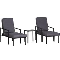 Outsunny Set 5 Pezzi Mobili da Esterno, 2 Sedie Sdraio Reclinabili, 2 Pouf e 1 Tavolino, Grigio e Nero, Metallo e Poliestere(m-1)