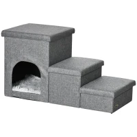 PawHut Escalier pour chien à 3 marches échelle pour animaux de compagnie avec rangement intégré et niche 3 en 1 gris(m-1)