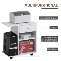 Vinsetto Druckertisch, Druckerständer, Bürowagen, Rollwagen mit Schublade+2 Ablagen+CPU-Ständer, Spanlatte, Weiß, 60 x 40 x 68,5 cm(m-4)