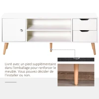 HOMCOM Meuble TV Banc TV Style scandinave Placard 2 niches 2 tiroirs Passe-Fils Panneaux Particules Blanc Bois pin(m-5)
