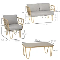 Outsunny Ensemble salon de jardin canapé 2 places + 2 fauteuils + 1 table basse plateau verre trempé 7 coussins gris(m-3)