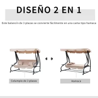Outsunny Columpio Balancín Jardín 3 Plazas Convertible en Cama Techo Parasol Regulable Bandeja para Bebida Terrza Balcón Exterior Carga máx. 340kg 200x120x164cm Marco Acero(m-4)