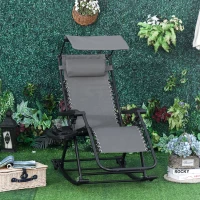 Outsunny Garden Rocking Chair Folding Recliner Outdoor Adjustable Sun Lounger Rocker Zero-Gravity Seat with Headrest Side Holder Patio Deck - Grey(m-2)