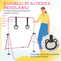 HOMCOM Sbarra Ginnastica Artistica per Bambini ad Altezza Regolabile con 2 Anelli, in Acciaio, 148x105x88-128 cm, Rosa(m-4)