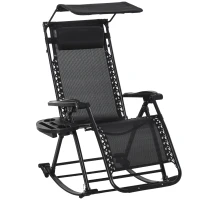Outsunny Garden Rocking Chair Folding Recliner Outdoor Adjustable Sun Lounger Rocker Zero-Gravity Seat with Headrest Side Holder Patio Deck - Black(m-1)