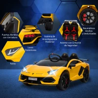 HOMCOM Coche Eléctrico para Niños de +3 Años Lamborghini SVJ Batería 12V con Mando a Distancia Velocidad de 3-5 km/h Música y Faros Carga 25 kg 123x66,5x45,5 cm Amarillo(m-7)