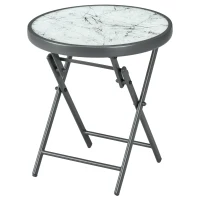 Outsunny Φ45cm Garden Side Table, Outdoor Round Folding Patio Table with Imitation Marble Glass Top, Small Coffee Table, White(m-11)