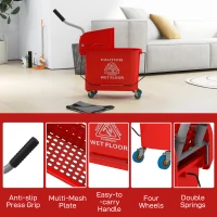 HOMCOM 20L Compact Mop Bucket on Wheels, with Water Separation Panel - Red(m-8)