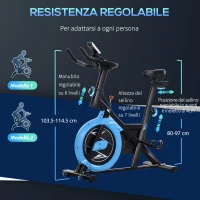 HOMCOM Cyclette da Camera con Trasmissione a Cinghia, Cyclette Professionale con Manubrio e Sellino Regolabili, Volano 6kg, Schermo LCD, Fino a 120kg, Nero e Azzurro(m-6)