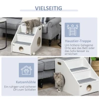 PawHut 2 in 1 Haustiertreppe Schlafhöhle 3-stufige Hunderampe Katzentreppe mit Kissen Hundetreppe Tiertreppe mit rutschfestem Teppich für kleine Hunde und Katzen Plüsch Weiß 60 x 43 x 51 cm(m-4)