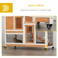 PawHut Conejera de Madera de 2 Niveles Jaula para Conejos con Ruedas Rampa y Bandejas Extraíbles 110x50x88cm Natural(m-7)