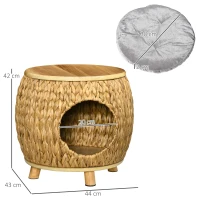 Pawhut Katzenhöhle aus Wasserhyazinthengras, waschbares Kissen,  44 cm x 43 cm x 42 cm  Hellbraun+Naturholz+Grau(m-3)