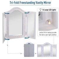 HOMCOM Trifold Freestanding Mirror, Lighted Tabletop Vanity Mirror Large Cosmetic w/16 LED Lights powered by batteries Foldable For Bedroom- White(m-5)