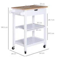 HOMCOM Carrello da Cucina Salvaspazio 2 Ripiani 1 Cassetto 1 Portasciugamani 4 Rotelle, Legno, Bianco, 64x39x84.5cm(m-3)