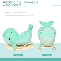 HOMCOM Cavallo a Dondolo Balena in Peluche Imbottita con Suoni, Cintura di sicurezza e Base in Legno, 60x33x50cm, Verde(m-5)