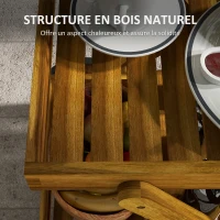 Outsunny Desserte de jardin chariot pour barbecue en bois avec 2 plateaux, 3 casiers à bouteilles et 2 roues bois naturel(m-6)
