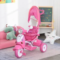 HOMCOM Triciclo per Bambini da 18-72 Mesi con Suoni e Luci, Triciclo con Maniglione e Tettuccio Rimovibile a Forma di Moto, Rosa(m-2)