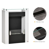 HOMCOM Camino Bioetanolo con Serbatoio da 1.5L e Copertura 20m², Biocamino in Acciaio e Vetro, 60x20x79cm, Bianco e Nero(m-6)