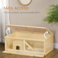 PawHut Jaula para Hámster de Madera con Techo Abatible Panel de Acrílico Bandeja Extraíble y Cabaña 100x58x38 cm Natural(m-5)