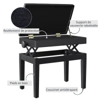 HOMCOM Banc de piano, banc de clavier réglable en hauteur en bois massif, tabouret piano avec compartiment caché, siège rembourré polyuréthane à 10 boutons, stable et antidérapant, charge 200kg, noir(m-6)