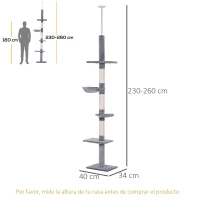 PawHut Árbol para Gatos de Suelo al Techo de 230-260 cm con Altura Ajustable Plataformas Hamaca y Postes de Sisal Gris(m-3)