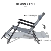 Outsunny Chaise Longue inclinable transat Bain de Soleil fauteuil relax jardin 2 en 1 Pliant têtière Amovible Charge Max. 136 Kg Toile Oxford Facile d'entretien Gris Clair(m-6)