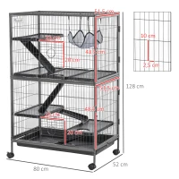 PawHut Kleintierkäfig mit Hängematten Nagervoliere mit Rollen 4 stöckig Käfig XXL geeignet für Hamster Kleintiere Meerschweinchen Metall Kunststoff Silber+Grau 80 x 52 x128 cm(m-3)