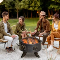 Outsunny 61cm Outdoor Fire Pit Patio Heater Charcoal Log Wood Burner with Screen Cover, Fire Bowl with Poker for Backyard, Bronze Tone(m-10)