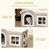 PawHut Casa Plegable para Gatos Interior Cueva para Gatos Grande con Tapa Extraíble Cojines 2 Entradas y Ventana Taburete para Gatos 63,5x37x40 cm Beige(m-6)