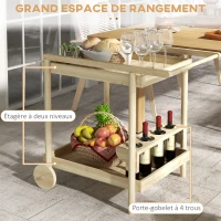 Outsunny Desserte de jardin chariot pour plancha barbecue en bois avec poignée 2 plateaux et porte-bouteilles naturel(m-4)