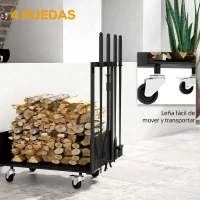 Outsunny Leñero Metálico con Ruedas Soporte para Leña con Pala Escoba Atizador y Tenazas Carga 60 kg 48x30x76 cm Negro(m-5)