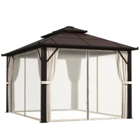 Outsunny 3 x 4m Hardtop Gazebo Canopy with UPF30+ Double Polycarbonate Roof, Aluminium Frame Garden Gazebo Permanent Pavilion with Mosquito Netting and Curtains for Patio, Deck, Beige(m-10)