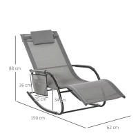 Outsunny Outdoor Garden Rocking Chair, Patio Sun Lounger Rocker Chair with Breathable Mesh Fabric, Removable Headrest Pillow, Armrest, Side Storage Bag, Grey(m-3)