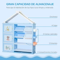 HOMCOM Estantería Infantil de Juguetes con Armario Estantes 4 Cajas y 3 Cestas Organizador de Almacenaje para Habitación de Niños Sala Juegos 128x34x155 cm Azul(m-4)