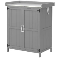 Outsunny Tuinkast, Gereedschapskast voor Buiten met Werkoppervlak, Hout en Roestvrij Staal, Dubbele Deuren, Grijs(m-1)