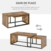 HOMCOM Lot de 2 Tables Basses gigognes Design Industriel encastrable dim. Grande Table 90L x 48l x 42H cm métal Noir Aspect Vieux Bois(m-7)