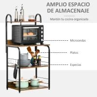 HOMCOM Estantería de Cocina de 4 Niveles con Ganchos Estantería para Microondas 60x40x125 cm Marrón Rústico y Negro(m-4)