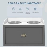 PawHut Gamelle double chien chat - porte-gamelles surélevé rangement 2 en 1 - tiroir, 2 gamelles - acier inox. MDF blanc gris(m-6)