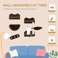 PawHut 4PCs Wall-Mounted Cat Shelves w/ Scratching Post, Hammock, Nest - Brown(m-4)
