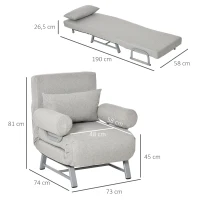 HOMCOM Fauteuil chauffeuse canapé-lit Convertible inclinable 1 Place Grand Confort Coussin lombaires accoudoirs piètement métal Lin Gris Clair(m-3)