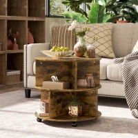 HOMCOM Round Coffee Table with Wheels, 3-Tier Rolling Side Table for Living Room with Divided Shelves, Rustic Brown(m-2)