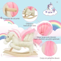 HOMCOM Cheval à Bascule Fonction Musicale Selle Grand Confort Peluche Courte Douce Pour Enfants 18-36 Mois Bois peuplier Blanc et Rose dim. 70L x 28l x 57H cm(m-7)